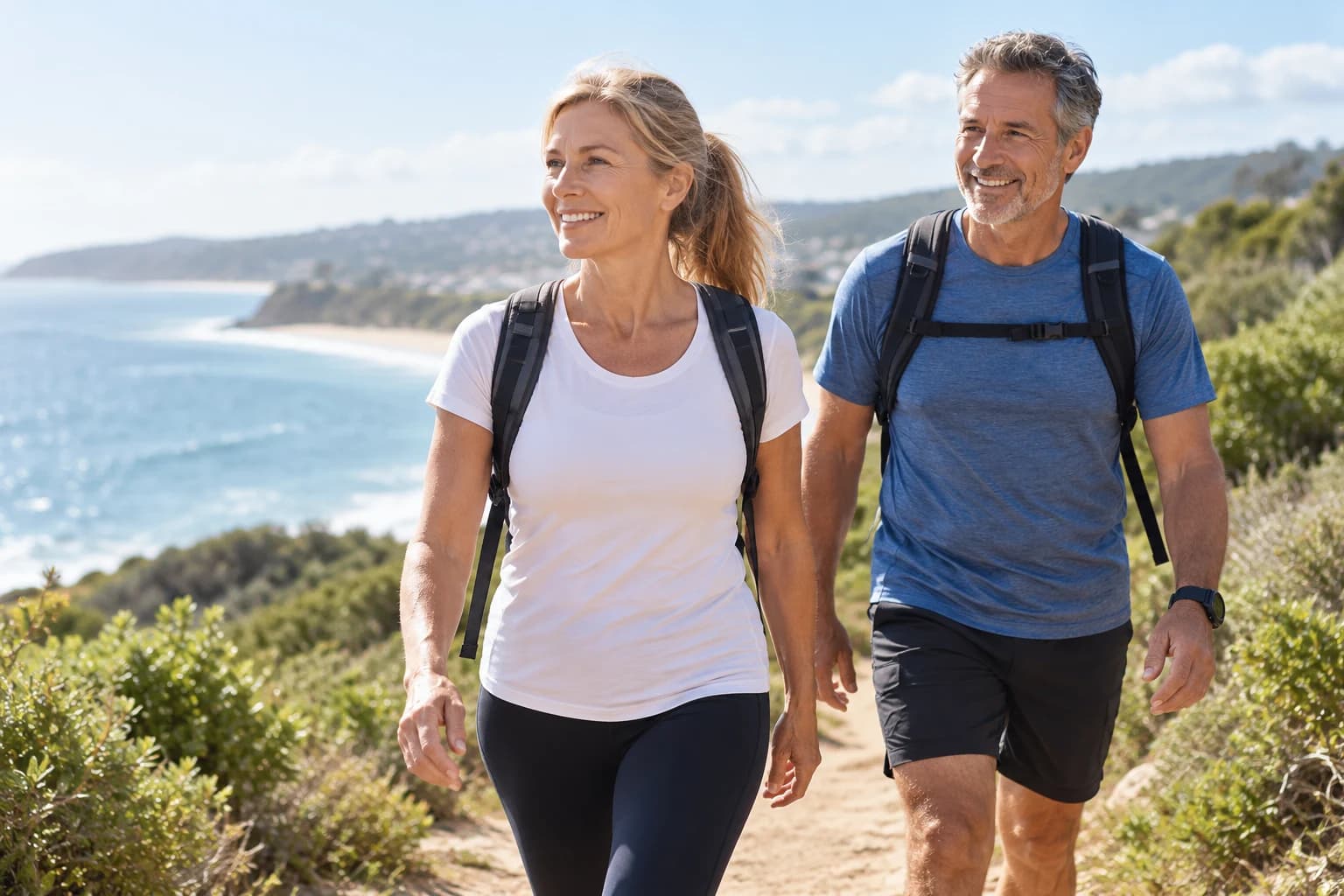 A couple walking together on a coastal trail