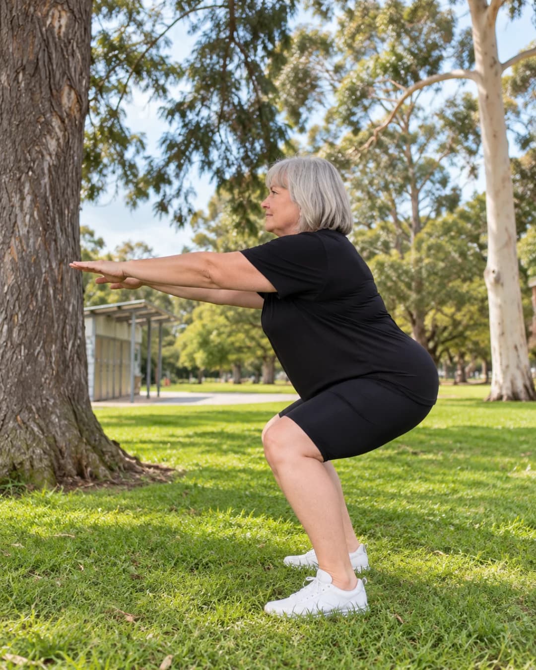 A woman practising a squat outdoors in a park
