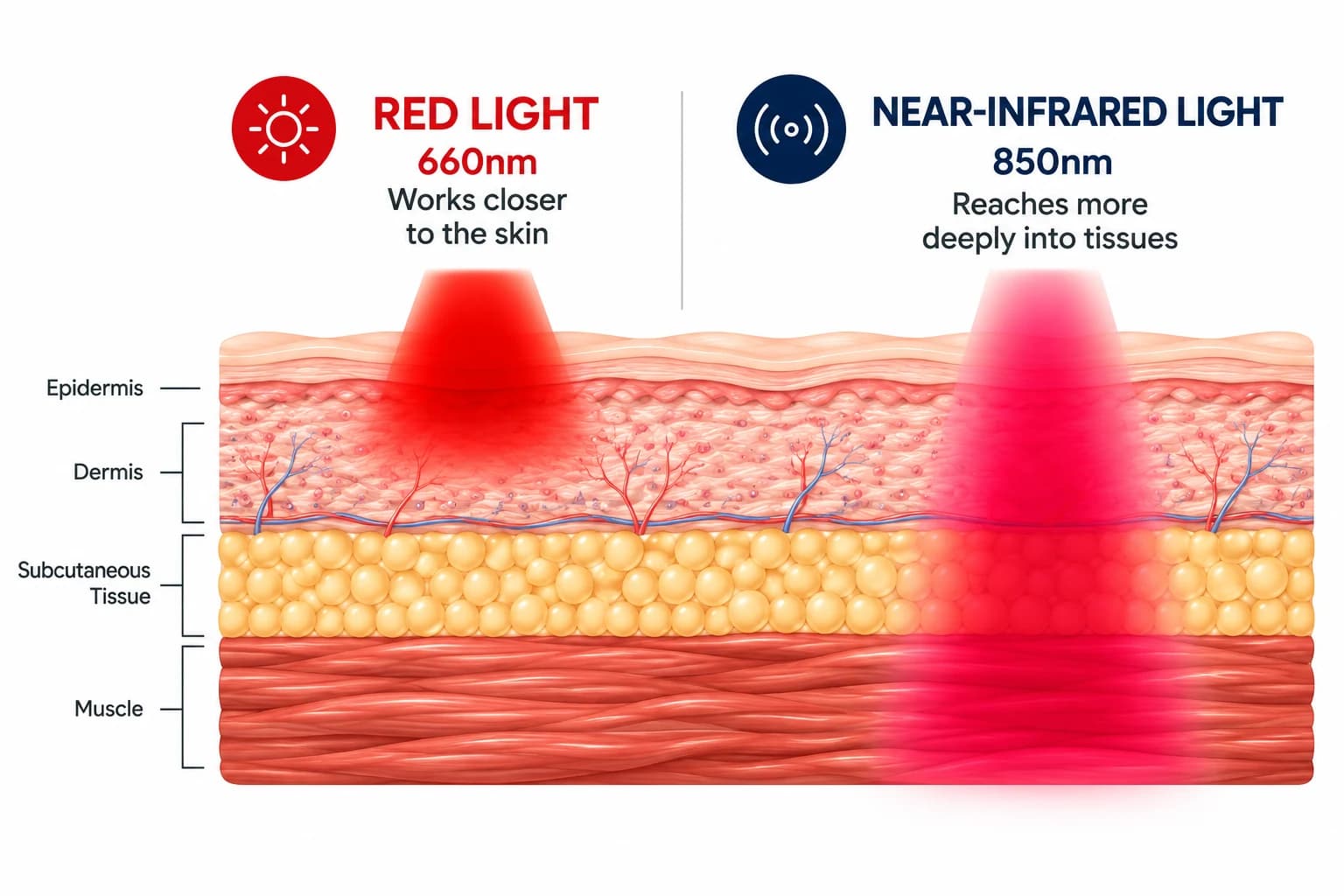 Red light at 660nm works closer to the skin; near-infrared light at 850nm reaches more deeply into tissues